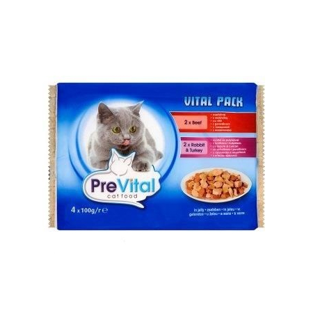 PREVITAL VITAL PACK Z WOŁOWINĄ Z KRÓLIKIEM I INDYKIEM W GALARETCE 4X100G
